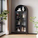 VEXPOR 73 in Tall Metal Arched Cabinet, Kitchen Pantry Cabinet with Glass Door, Modern Farmhouse Arched Bookcase with 2 Adjustable Shelves for Dining Room and Living Room, Black, Assembly Required