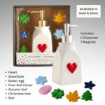 SKL Home Seasonal Soap/Lotion Dispenser Gift Set with 7 Interchangeable Magnetic Holiday Attachments, Refillable for Bathroom & Kitchen, Silver