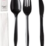 250 Disposable Cutlery Packets – Knife, Fork, Spoon, Napkin, Salt, Pepper Sets | Black & Silver Plastic Sets, Individually Wrapped Cutlery Kits