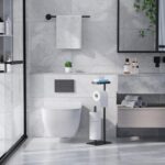 Kitsure Toilet Paper Holder Free Standing – Rustproof Metal Toilet Paper Stand for 4 Rolls with Anti-Slip Base and Shelf for Phone & Small Items, Bathroom Organizers and Storage, Medium, Black