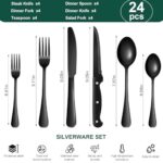 24-Piece Black Silverware Set with Steak Knives Black Stainless Steel Flatware Set for 4 Food Grade Tableware Cutlery Set Rust-proof, Mirror Polished, Dishwasher Safe